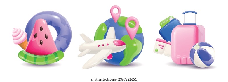 Travel cartoon compositions with plane tickets tropical fruits ice cream lifebuoy volleyball ball isolated vector illustration