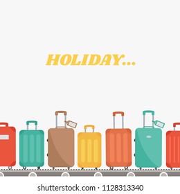 travel cartoon concept colorful. journey vacation & summer holiday isolated. luggage, suitcase set on conveyor belt arrival. Baggage claim at terminal airport travel bags vector background flat design