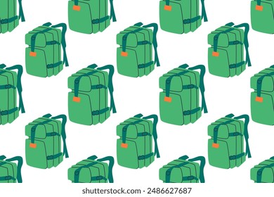 Travel cartoon pattern with flat colorful backpacks and rucksacks. Isolated elements, flat Style Accessory. Vector illustration. Seamless background for textile, Wrapping paper, Fabric.