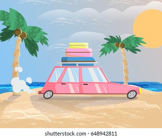 Travel, cartoon pink car with suitcases, on beach. Paradise, palm trees, sun and ocean. Vector illustration.