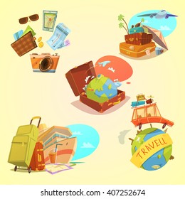 Travel cartoon set with map luggage and transport symbols on yellow background  isolated vector illustration 