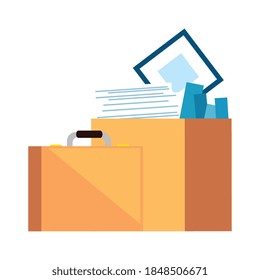 travel case handle and box with objects office on white background vector illustration design