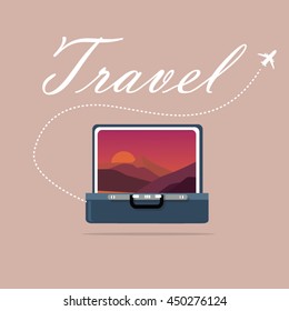 travel case open picture of landscape sky and sunset sunrise traveling symbol of journey exploration