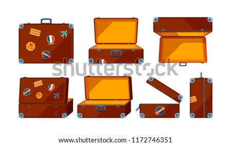 Travel case. Vector various views of travel case. Illustration of baggage and briefcase, suitcase container