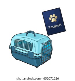 Travel with cats, dogs - plastic carrier and pet passport, sketch vector illustration isolated on white background. Hand drawn plastic pet carrier and passport, id for travelling with cats and dogs