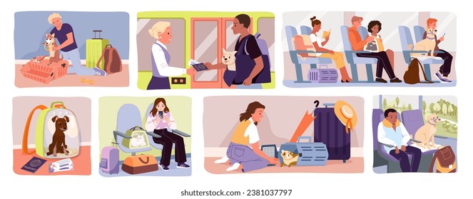 Travel with cats and dogs in transport set vector illustration. Cartoon scenes in plane and bus, train with people and pets inside plastic carrier boxes, transportation and delivery of animals