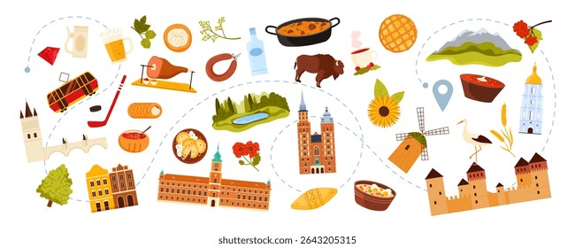 Travel to Central and Eastern Europe set, culture elements, food and nature landscape, landmarks on tourist route. Charles Bridge and windmill, church and Alps, beer cartoon vector illustration