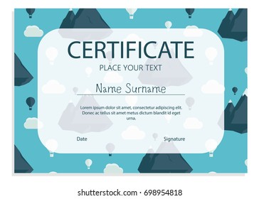 Travel certificate with pattern with mountains and baloons
