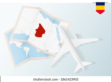 Travel to Chad, top view airplane with map and flag of Chad. Travel and tourism banner design.