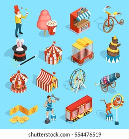 Travel chapiteau circus classic vintage isometric icons set with tent strongman magician and tiger isolated vector illustration 