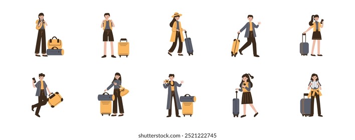 Travel Character Pose flat illustration set. Include of suitcase, tourism, backpack, luggage. Vector illustration isolated.