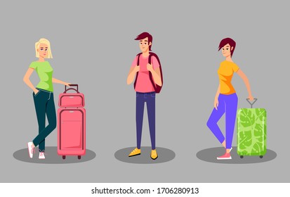 Travel characters design. Young girls with luggage and a man with backpack. Casual dressed people waiting for trip. Travel concept. Cartoon vector illustration.