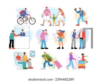 Travel characters. Summer vacation. Parents walk with kids. People carry suitcase for journey. Airport terminal. Couple in airplane cabin. Hiker with backpack. Hurrying travelers. Vector tourists set