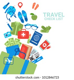 Travel Check List Background Luggage Icons On White Baggage Planning Concept Flat Vector Illustration