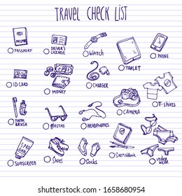 Travel check list. Hand drawn vector doodle collection set of needful stuff: docs, money, gadgets, clothes.