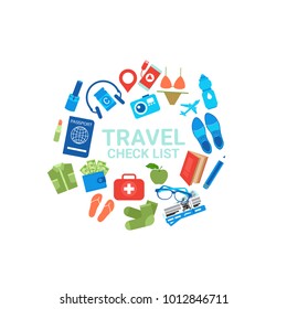 Travel Check List Icons On White Background Baggage Packing Concept Flat Vector Illustration