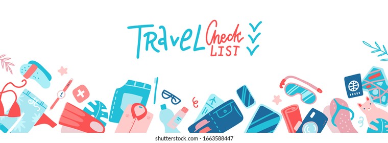 Travel Check List Templae Horizontal Banner With Copy Space Packing Planning Concept. Flat Vector Illustration with lettering text.