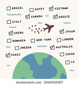 travel check list. traveler's postcard with a list of countries. Catch the summer vibe concept. Flat vector style illustration.