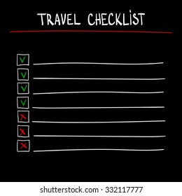 travel checklist at black background.Lines with check boxes. checklist for note. consent. check mark. 