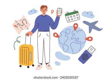 Travel checklist hand drawn composition, planning a trip online, man with luggage, plane, calendar, ticket icons, vector illustration of mobile phone screen, globe with location, travel agency concept