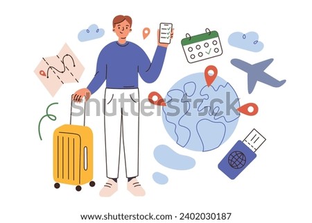 Travel checklist hand drawn composition, planning a trip online, man with luggage, plane, calendar, ticket icons, vector illustration of mobile phone screen, globe with location, travel agency concept