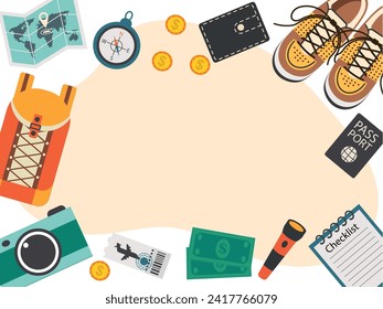 Travel, checklist, horizontal banner. Vector illustration of top view with sneakers, flashlight, travel concept, with empty space for notes