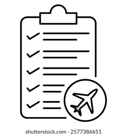 Travel checklist and itinerary planning icon with airplane symbol, ideal for vacation, trip scheduling, tourism, business travel, holiday planning, time management, and travel organization visuals.