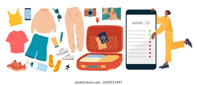 Travel checklist. Packing list. Young girl uses mobile phone app to pack suitcase. Open suitcase full of belongings. Illustration for travel, business trips, vacation. Seasonal outfit. Tourist bag.