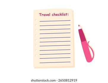 A travel checklist and a pen isolated on white background. Concept of wishes, travel destinations, dreams. Vector flat clipart.