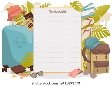 Travel checklist. Travel planning, notepad image, list of things for the trip, vacation, trip. Vector illustration.