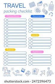 Lista de comprobación de viaje Plantilla imprimible. Lista de comprobación de vacaciones. Lista de artículos de viaje. Lista de comprobación de embalaje para viajar. Organizador de viaje, crucero, vacaciones de verano, viaje por carretera, camping. Las vacaciones deben tener.