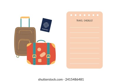 Travel CheckList. Sheet with lines list with suitcases in flat design. List of things to travel. Preparing for vacation, travel, journey, trip. Colored flat Vector illustration isolated on white