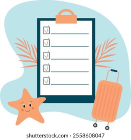 Travel checklist with suitcase, starfish and tropical leaves. Vector illustration.	