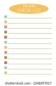 Plantilla de lista de verificación de viajes. Minimalista, simple, brillante. A4.