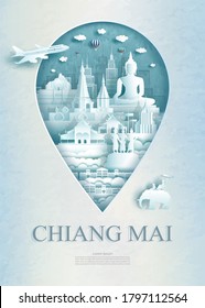 Travel Chiang Mai monument pin in Thailand with ancient architecture and city modern building business travel poster and postcard. Tour landmarks asia architecture. Vector illustration point symbol.