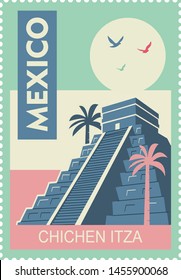 travel to chichen itza mexico poster design, postage stamp, sticker, banner.