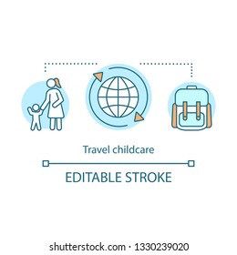 Travel childcare concept icon. Au pair, international nannies idea thin line illustration. Travel babysitter. Journey with children. Vector isolated outline drawing. Editable stroke