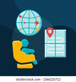 Travel childcare flat concept vector icon. Infant care on plane, bus, car on vacation idea cartoon color illustrations set. Newborn, baby supplies, essential items. Isolated graphic design element