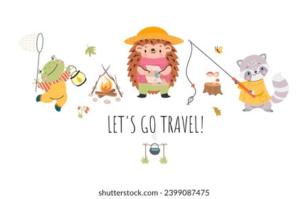 Travel childish animals characters print. Cute hiking hedgehog, frog and raccoon. Funny wild forest animal banner, touristic nowaday vector background