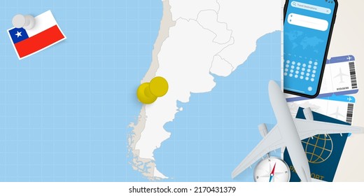 Travel to Chile concept, map with pin on map of Chile. Vacation preparation map, flag, passport and tickets. Vector illustration in flat design.