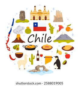 Travel to Chile, culture and landmarks, food in round infographic banner with title. Santiago Metropolitan Cathedral and hand sculpture in desert, fruit harvest and wine cartoon vector illustration