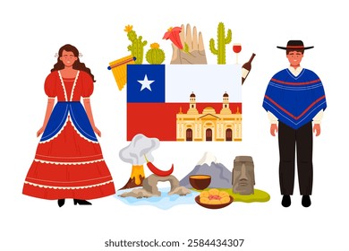 Travel to Chile, infographic collage with giant Chilean flag and Cathedral building, people in traditional clothes and Andes mountains, Moai statues and cacti, volcano cartoon vector illustration