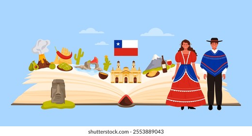 Travel to Chile, infographic collage with open giant book, tourist attractions in nature, culture elements and food. Chilean man and woman in traditional costumes and Moai cartoon vector illustration