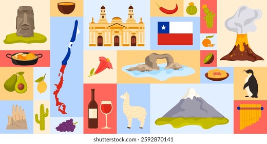 Travel to Chile and Santiago, geometric banner design with Chilean elements of culture, landmarks and food. Map with country flag, llama and mountain, cathedral building cartoon vector illustration