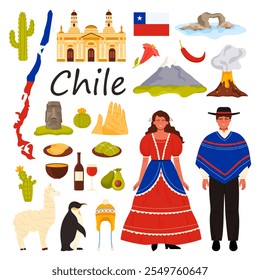 Travel to Chile set. Chilean man and woman in traditional clothes, hat with ethnic pattern made of alpaca wool, empanadas and avocado, nature and architecture landmark cartoon vector illustration