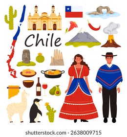 Travel to Chile set. Chilean man and woman in traditional clothes, hat with ethnic pattern made of alpaca wool, empanadas and avocado, nature and architecture landmark cartoon vector illustration