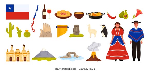 Travel to Chile set. Infographic stickers with animals and plants in national nature parks, Chilean people in traditional costumes, mountains and volcano, food and wine cartoon vector illustration