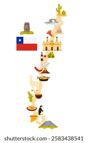 Travel to Chile set, stickers of historic monuments and culture landmarks, food with chili and flag on infographic map. Nature and animals of national park, Easter island cartoon vector illustration