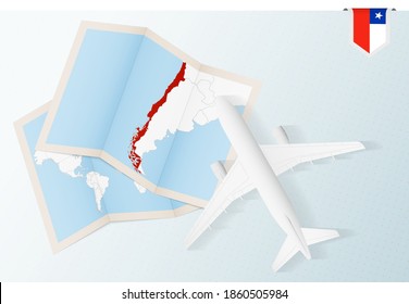 Travel to Chile, top view airplane with map and flag of Chile. Travel and tourism banner design.