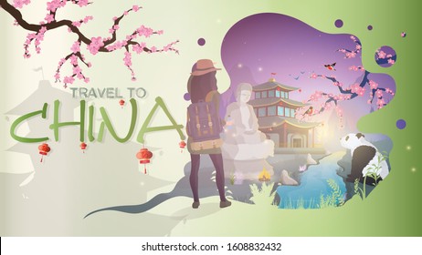 Travel to China banner Vector. Sakura, panda, Buddha statue, Chinese house, red lanterns, a girl with a backpack.
Good for travel themes. 
